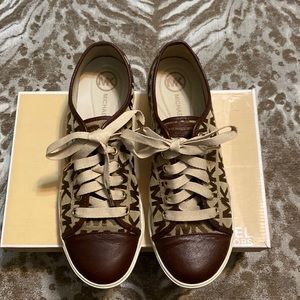 Michael Kors Mocha Leather Monogram Jacquard Sneakers, Size 10, Worn, Box
